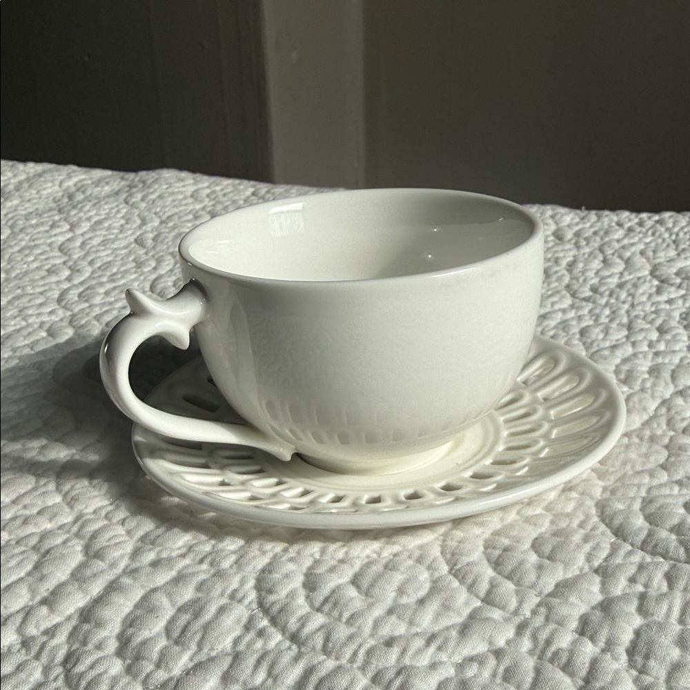 White Ceramic Teacup with Pierced Saucer